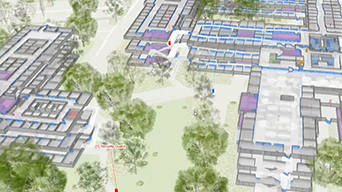 Digital twin of a workplace showing buildings and outdoor areas