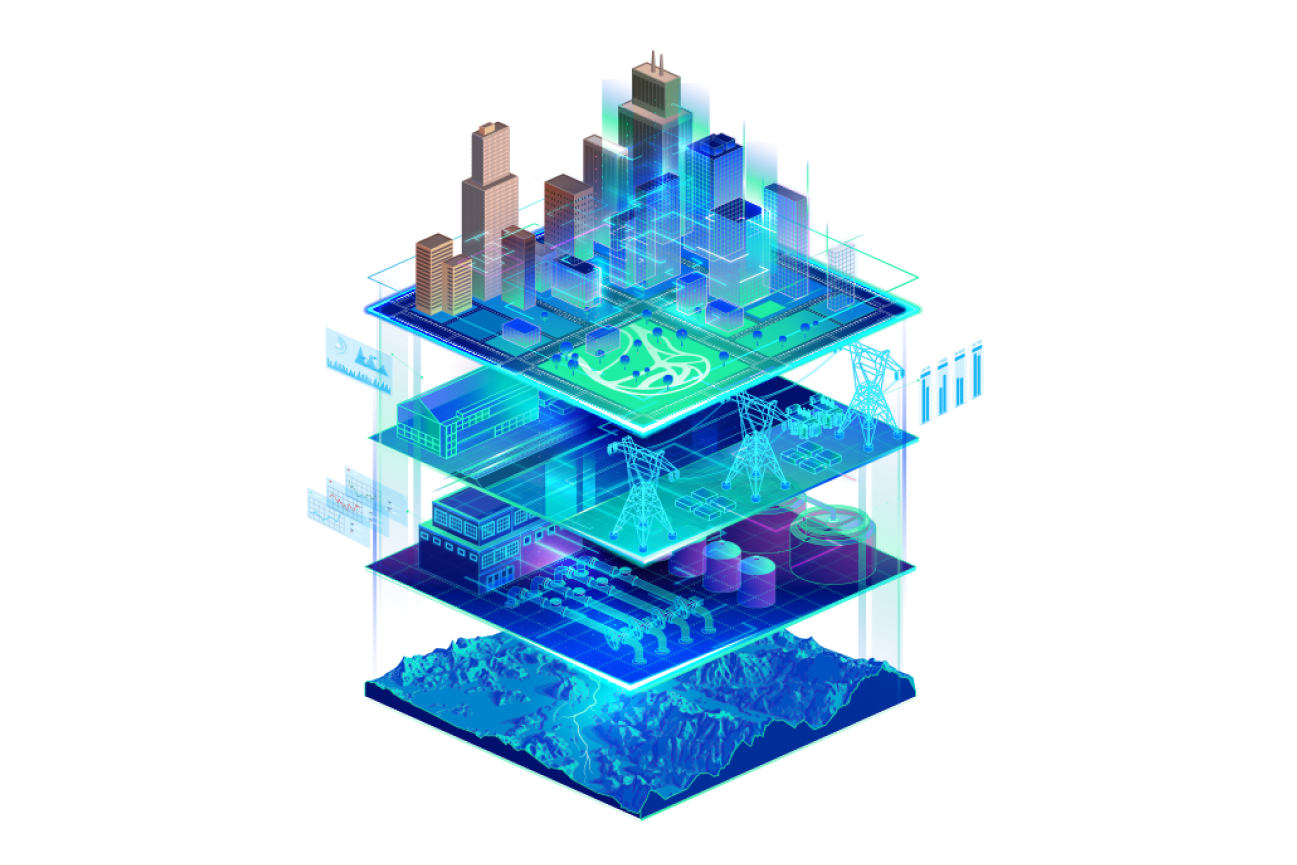 A blue and green 3D design of four square layers stacked on top of one another, showing mountains, city buildings, and city infrastructure