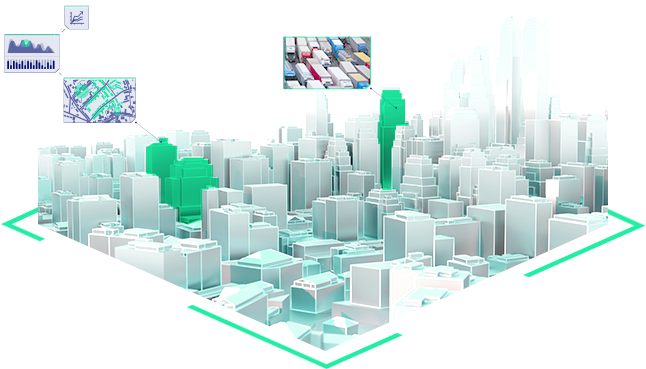 3D-Repräsentation einer Stadt, in der bestimmte Gebäude in verschiedenen Farben geschummert sind, um das Entwicklungsstadium abzubilden