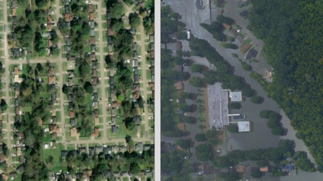 Aerial photo divided into two halves showing an area in Louisiana before and after a flood