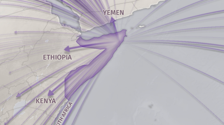 Map of Ethiopia showing purple lines leading away from it in all directions to represent refugee migration