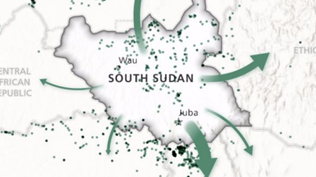 Map of South Sudan with areas marked in green dots and arrows