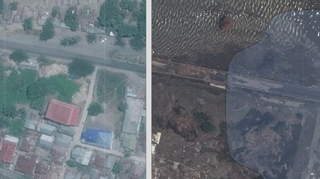 Aerial photo divided into two halves showing an area in Palu Indonesia before and after an earthquake and tsunami
