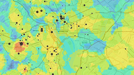 General map showing areas marked in different colors and black dots in other locations