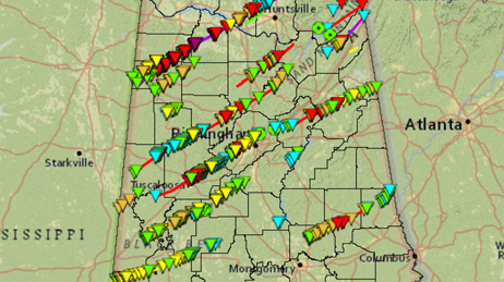 Map showing tornado paths over Alabama
