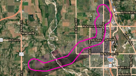 Map of Oklahoma showing damage path from tornado