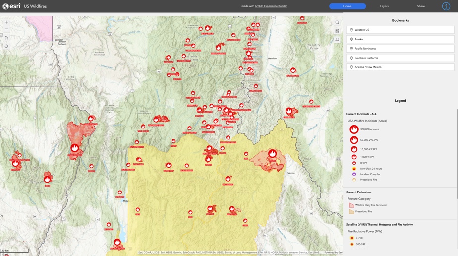 Public information map of fires in the United States.
