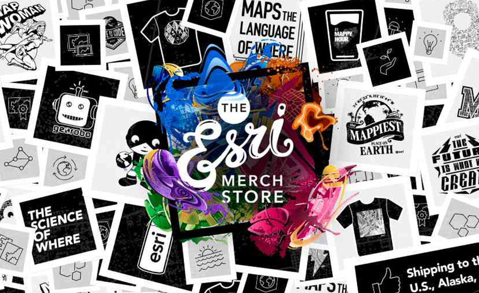 Esri Merch Store graphic collage of designs and logos, with the words The Esri Mech Store in the center amid multicolored swirls