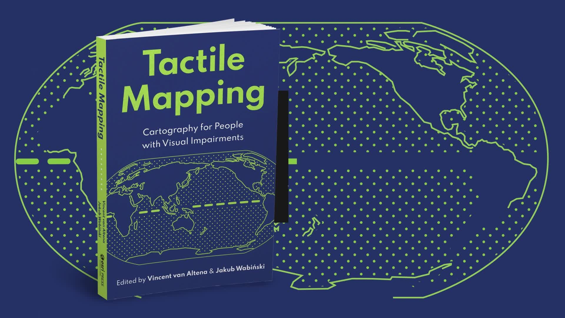Book cover for Tactile Mapping on a blue and green background with a stylized map of Earth’s continents