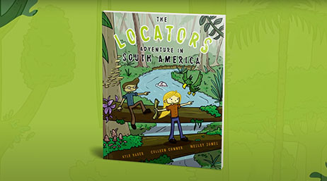 The Locators: Adventure in South America book overlaid on a light green background