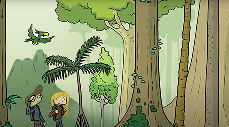An illustration from The Locators: Adventure in South America showing two people walking through a forest