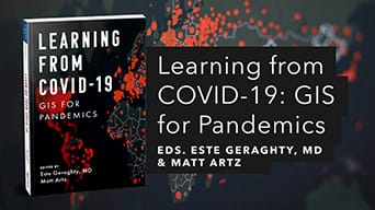 The book: Learning From COVID-19 with a background of a black and red world map covered in scattered red concentration points