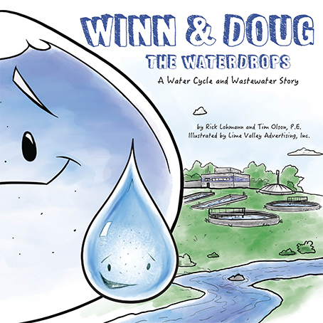 A book cover featuring two illustrated water drops with faces near a water treatment plant 