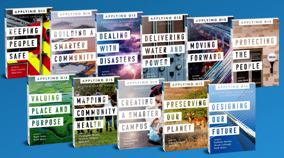 Book covers from the Applying GIS series overlaid on a blue background