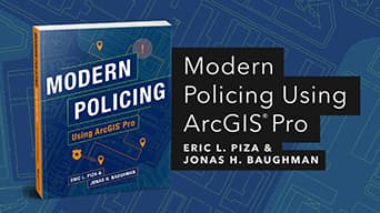The cover of Modern Policing Using ArcGIS Pro overlaid on a blue graphic background 