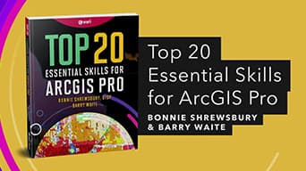 The cover of Top 20 Essential Skills for ArcGIS Pro overlaid on a yellow background