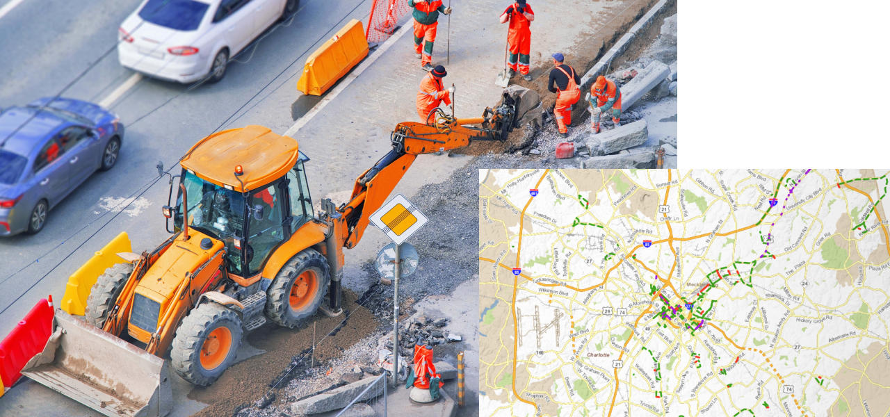 A photo of a construction crew working on the side of the road overlaid with a map that visualizes street closures