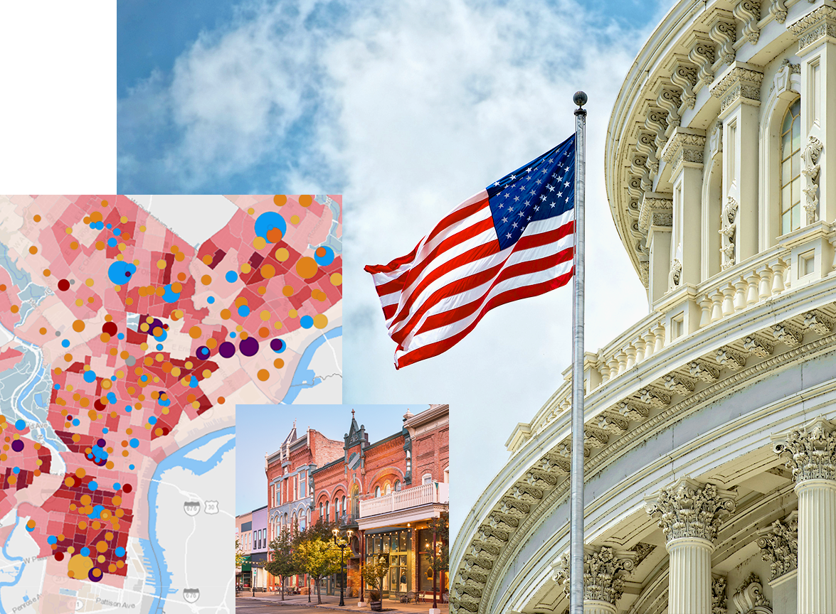 A photo of an U.S. flag flying in front of a government building, with a concentration map and a photo of storefronts on a street