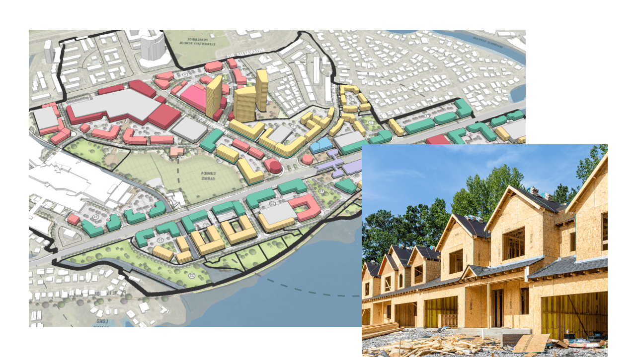 A 3D city map with buildings shaded in yellow, green, and red overlaid with a photo of a housing track under construction