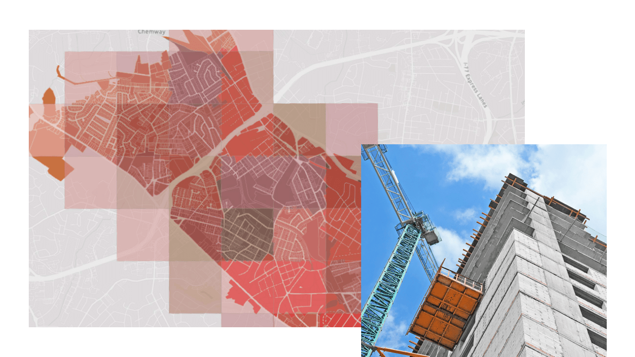 A street map of a large city with streets shown in white on a red and purple background, overlaid with a ground-level photo looking up at a construction crane operating at the side of a skyscraper