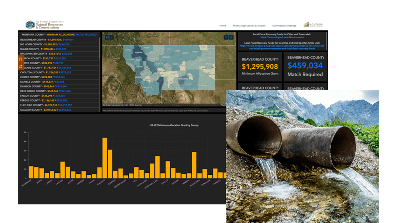 A map dashboard with an area map and many graphs and data points overlaid with a photo of large pipes dumping water into a rural gulley with hazy blue mountains in the background