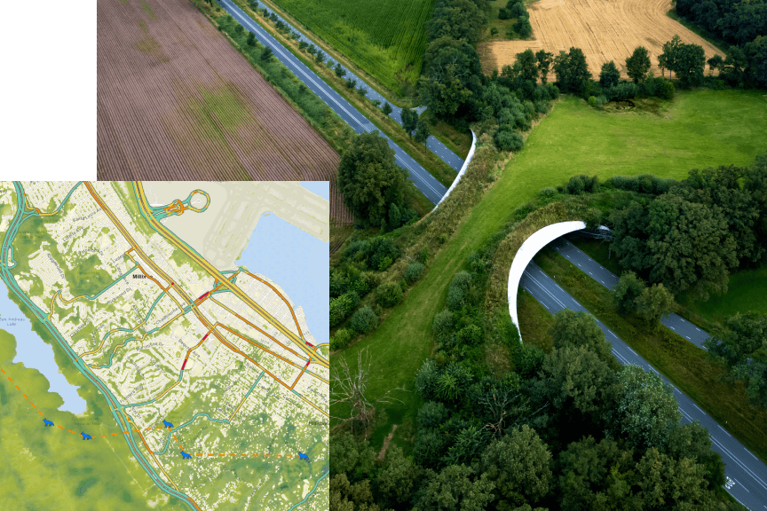 An aerial photo of a green tree-lined bridge arching over a highway running through farmland, overlaid with a city map