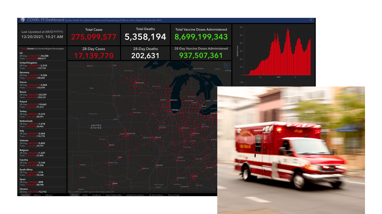 A map dashboard in red and black, overlaid with a photo of a red and white ambulance driving down a city street