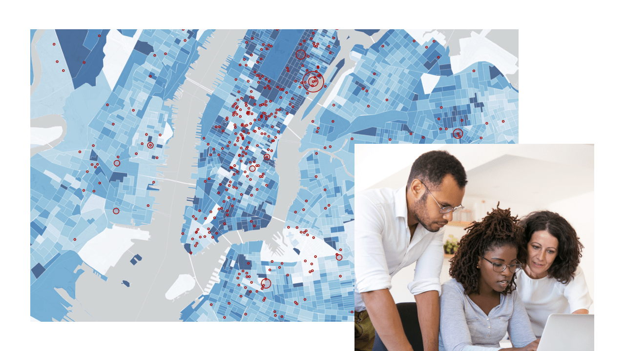 A blue and white city map with scattered red points, overlaid with a photo of two professionally dressed people sharing and discussing a computer screen in a brightly lit office