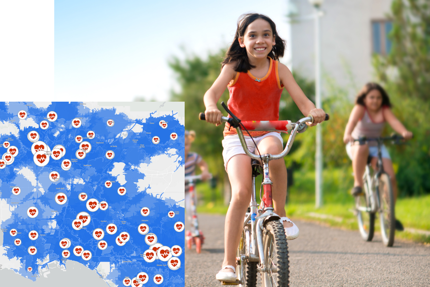 A photo of three children in colorful summer clothes bicycling on a sunny, tree-lined park path, overlaid with a map in blue and white scattered with red icons