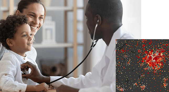 A photo of a doctor using a stethoscope on a smiling child with his mother, overlaid with a concentration map