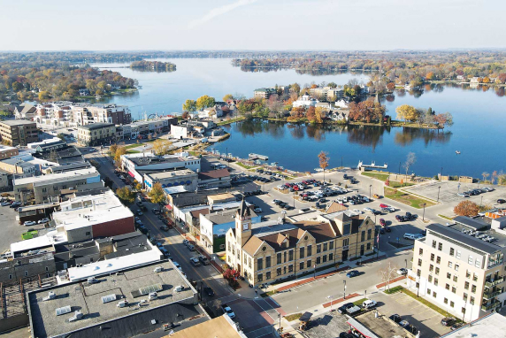 An aerial view of Oconomowoc, Wisconsin, and nearby Fowler Lake