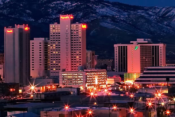 A view of the City of Reno, Nevada illuminated by building and street lights