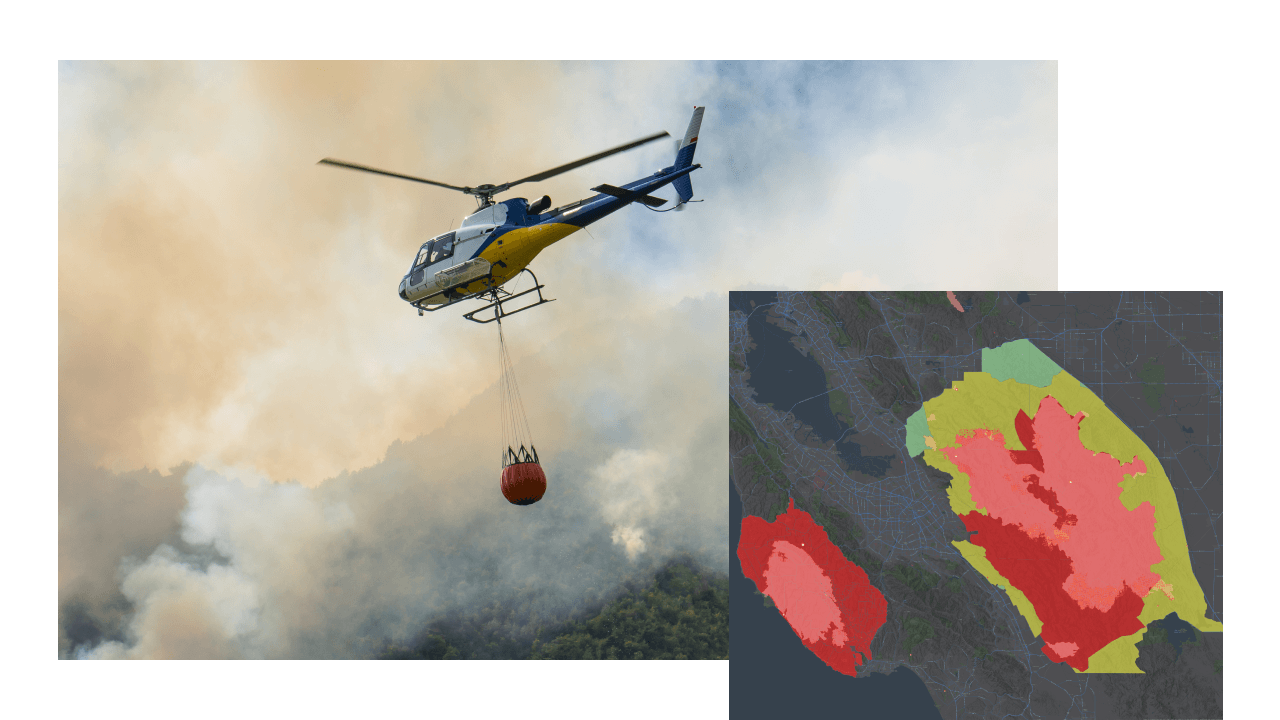 A helicopter carrying a load of fire retardant flying over a forest through clouds of smoke, and a small colorful fire activity map