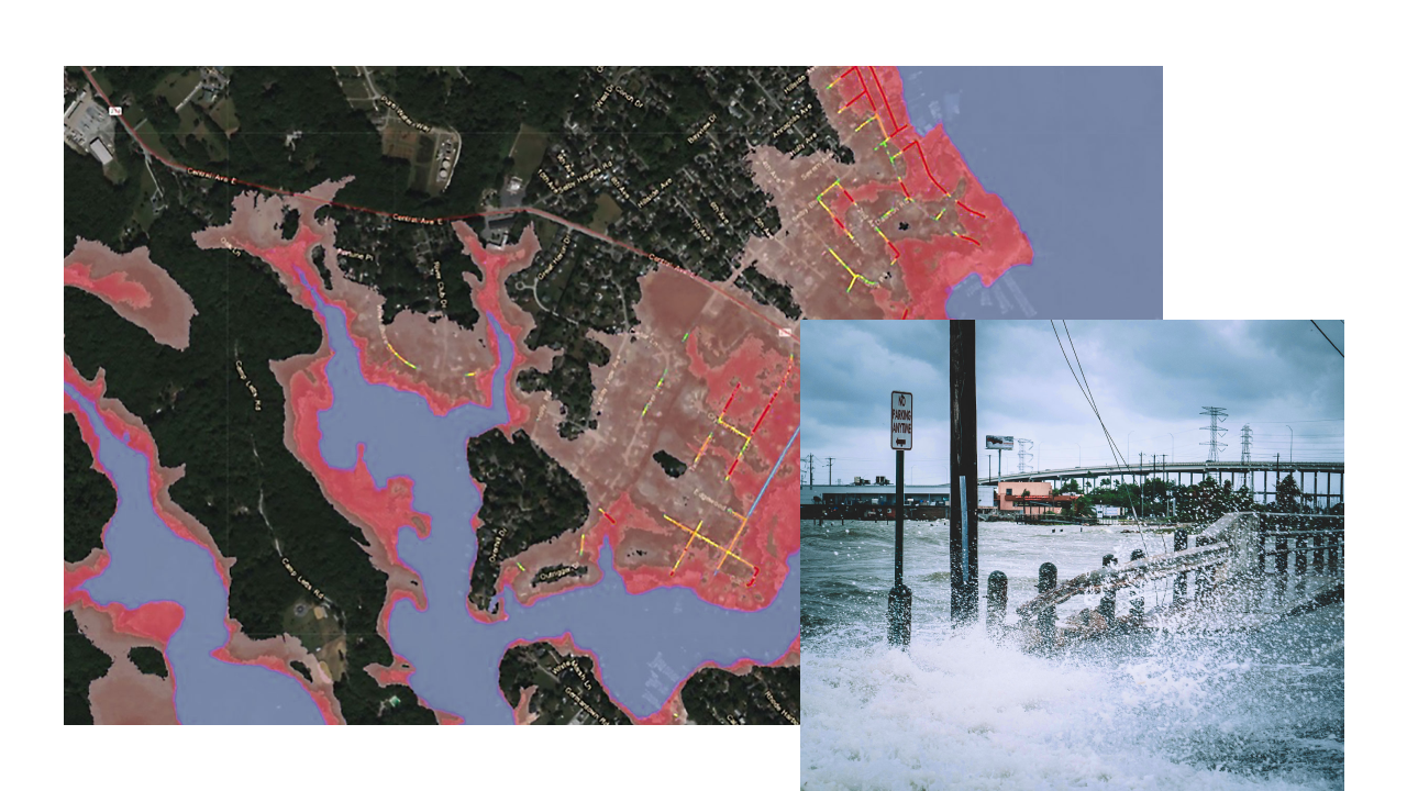 An aerial photo of a green area full of lakes overlaid with a pink heat map, and a photo of a flooded seaside boardwalk
