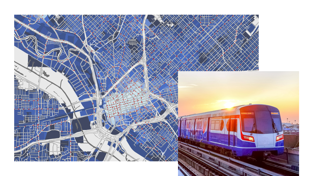 A blue city map with streets marked in white and red, and a photo of a blue and white subway lit by an orange sunset