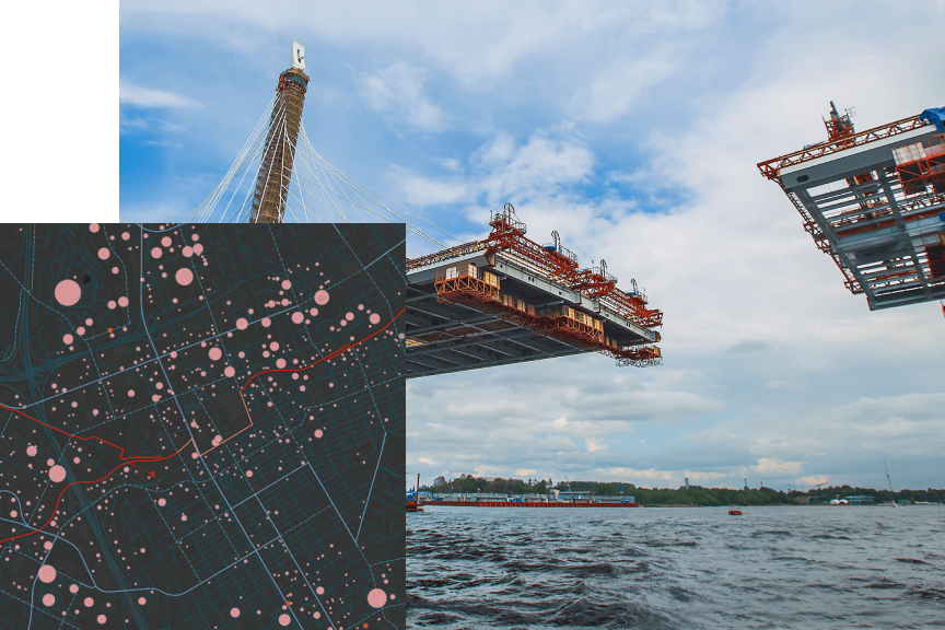 An open  lifting bridge over choppy blue waters and a small concentration map with pink clusters on a black background
