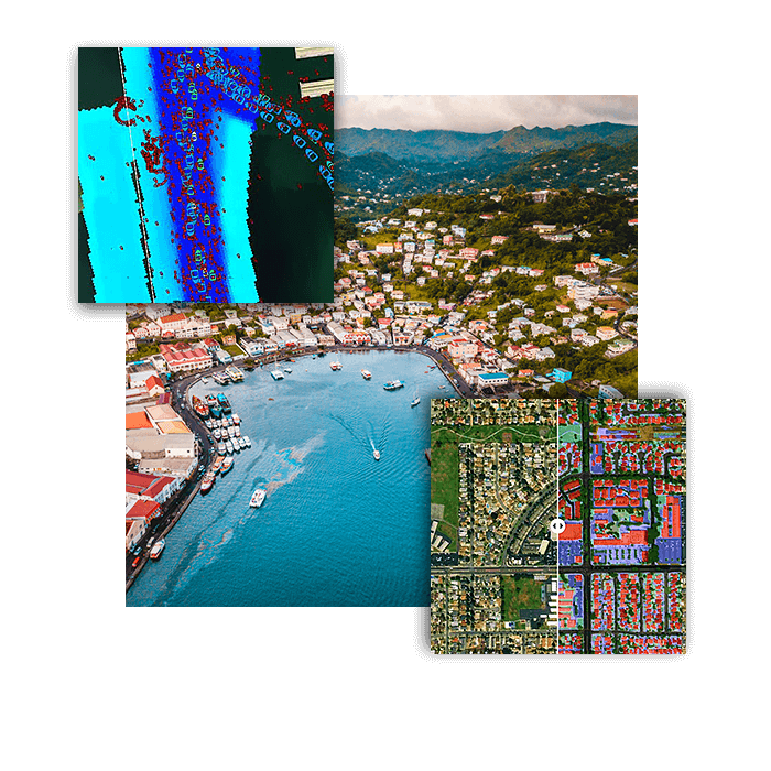 画像内のオブジェクトを識別している動作中の AI および GIS テクノロジを示す画像のコラージュ