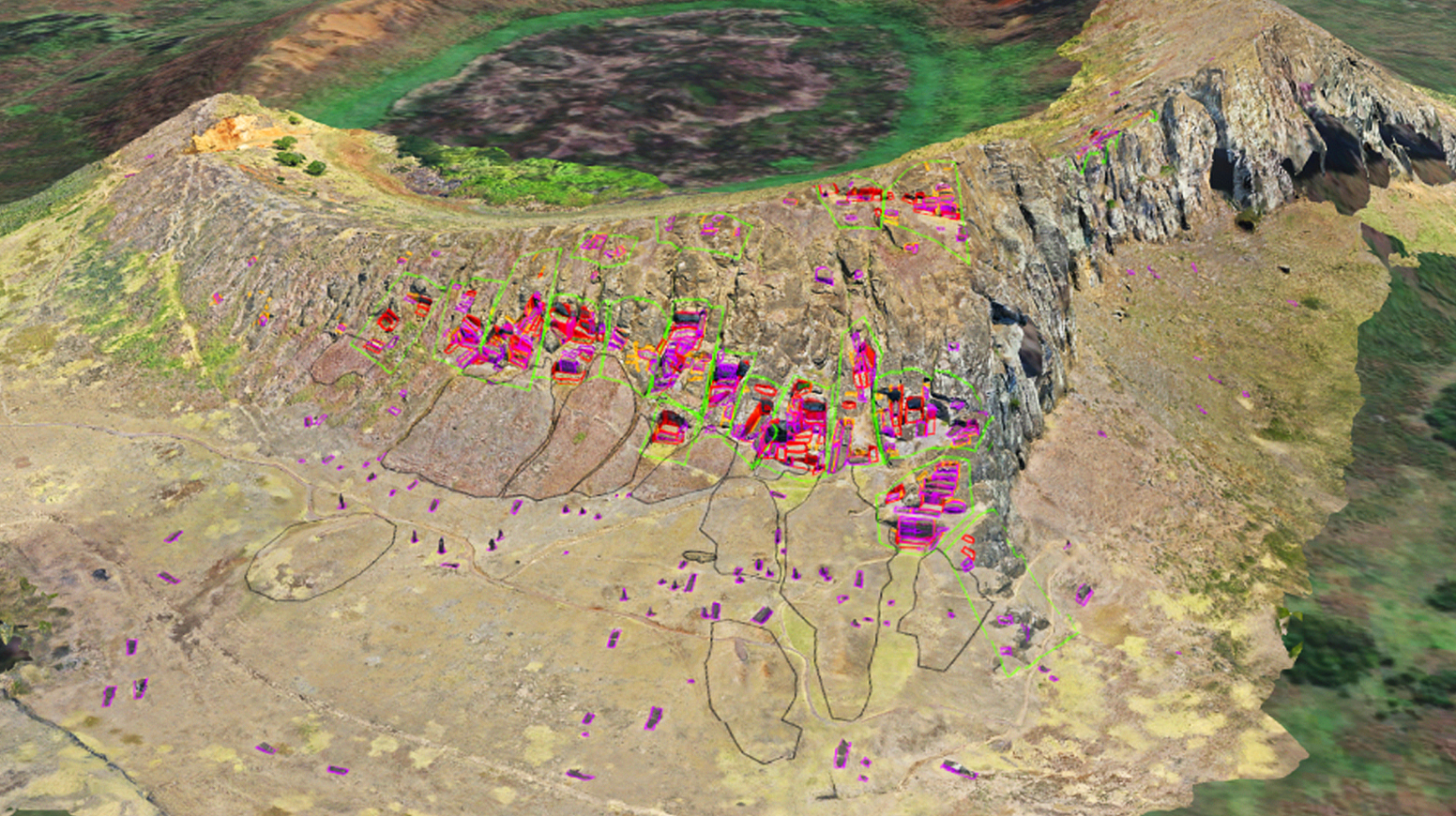 3D digital terrain model of shows drone‑captured imagery overlaid with brightly colored GIS annotations highlighting features along a rocky cliff face