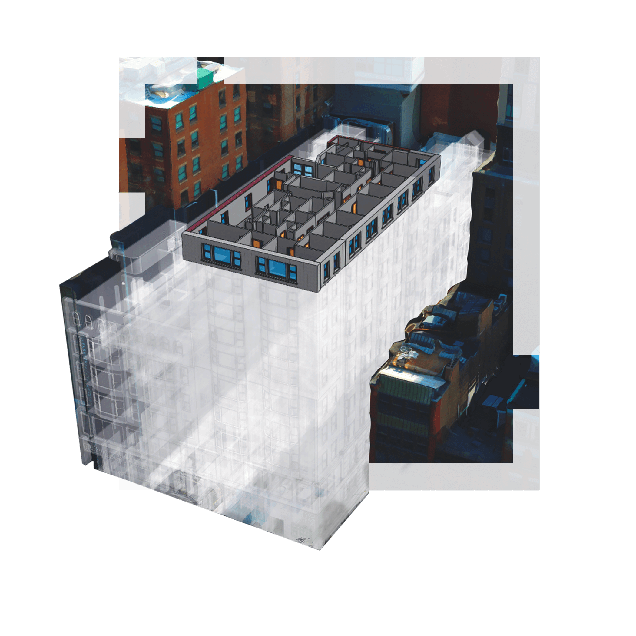 A building being 3D GIS rendered with multiple floors and a rooftop
