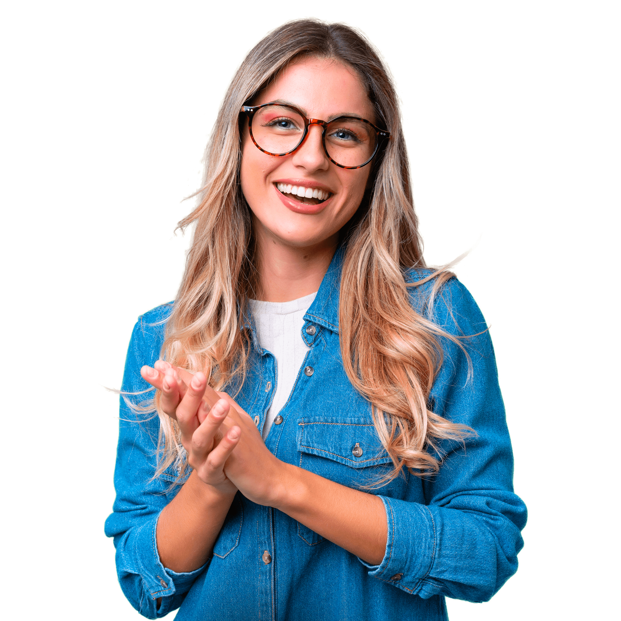 A happy GIS user smiles, wearing glasses and a denim t-shirt