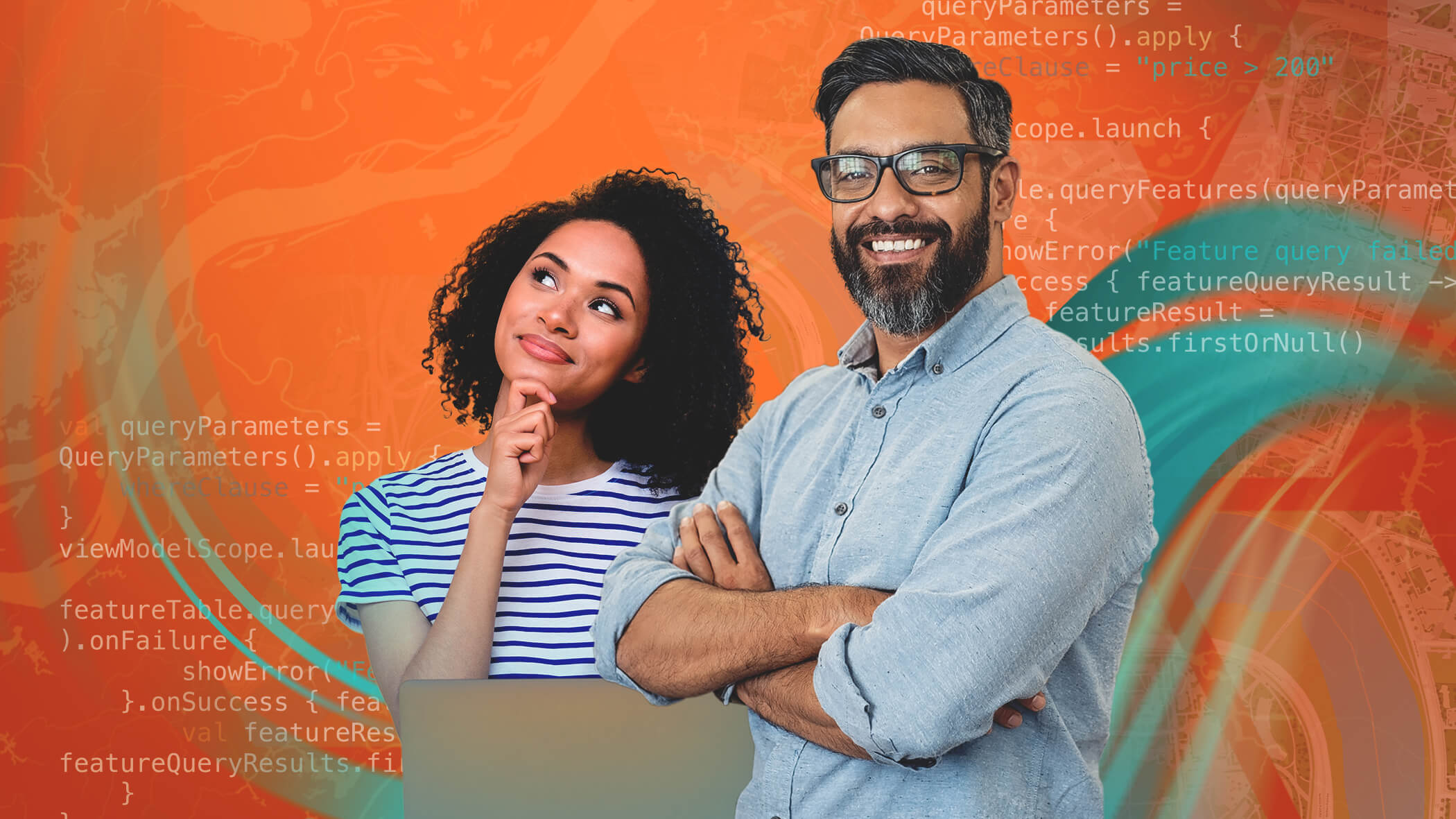 Smirking person holding their chin in contemplation next to a smiling person wearing glasses against an orange background with coding graphics