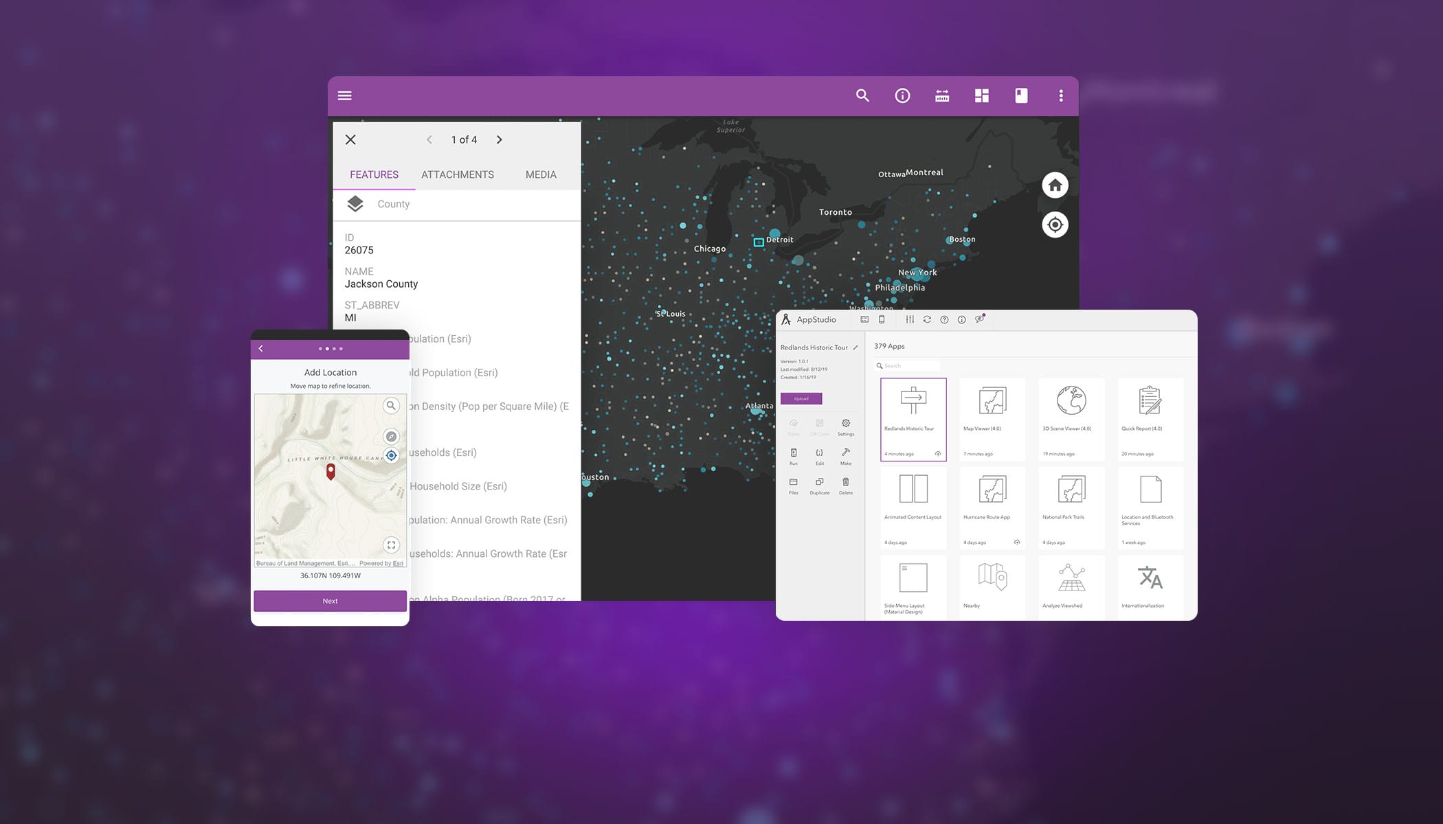 Capturas de tela do ArcGIS AppStudio exibindo “adicionar local” no celular”, um mapa escuro do Condado de Jackson com dados e uma janela de aplicativos