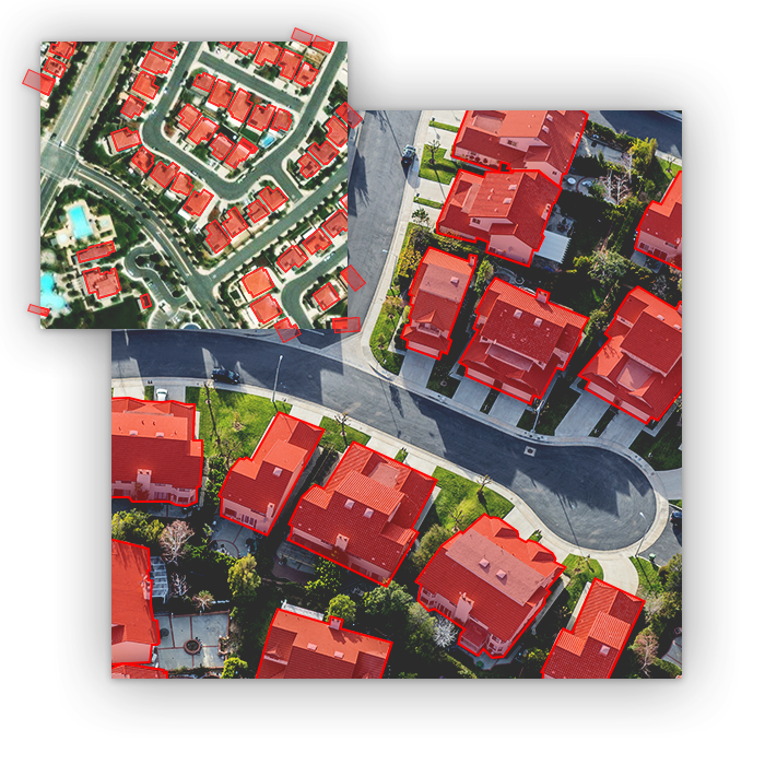 Casas em um bairro residencial em uma imagem de satélite foram automaticamente identificadas e destacadas em vermelho por um algoritmo de aprendizagem automática