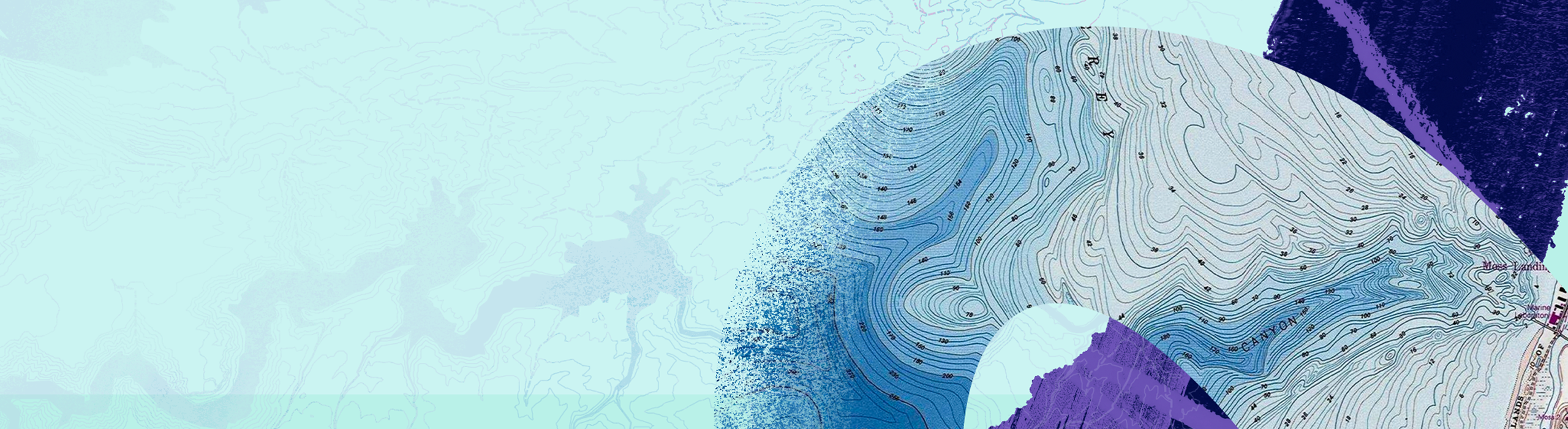 Abstract artwork features sweeping blue watercolor strokes over a stylized globe.