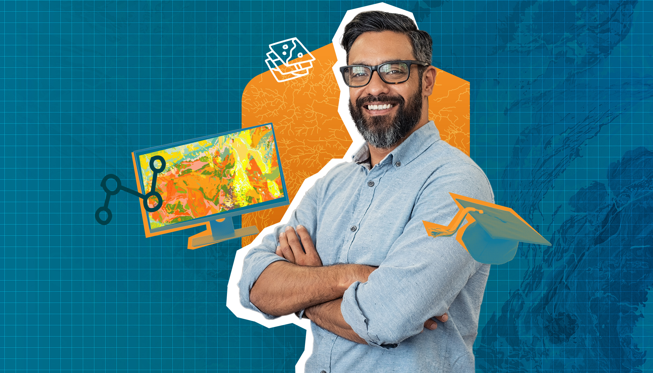 A person smiling with crossed arms wearing glasses and a blue button-down shirt, an illustration of a desktop computer and a graduation cap