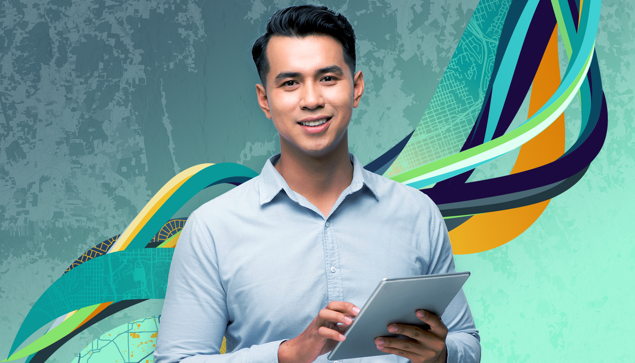 A conference attendee holding a tablet