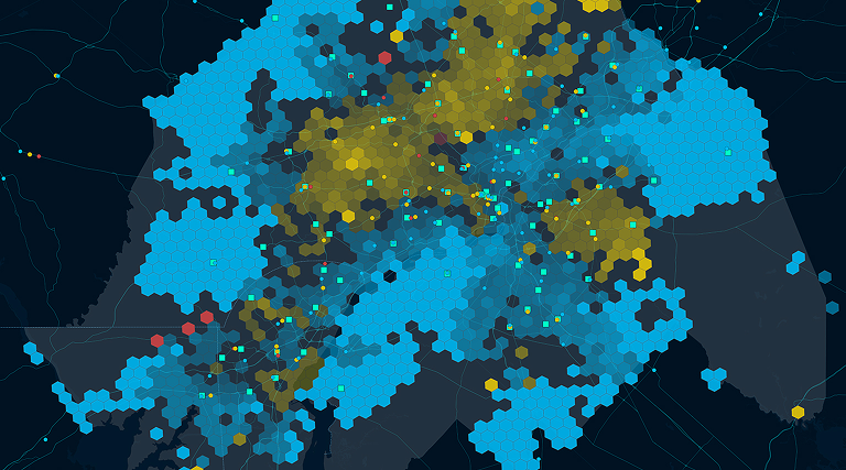 Dark-themed map of Earth with blue and gold hexagonal cells