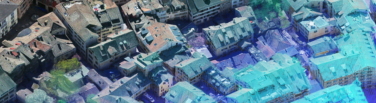 Aerial view of a dense urban area with buildings and streets overlaid with semi-transparent blue and purple geospatial data visualization