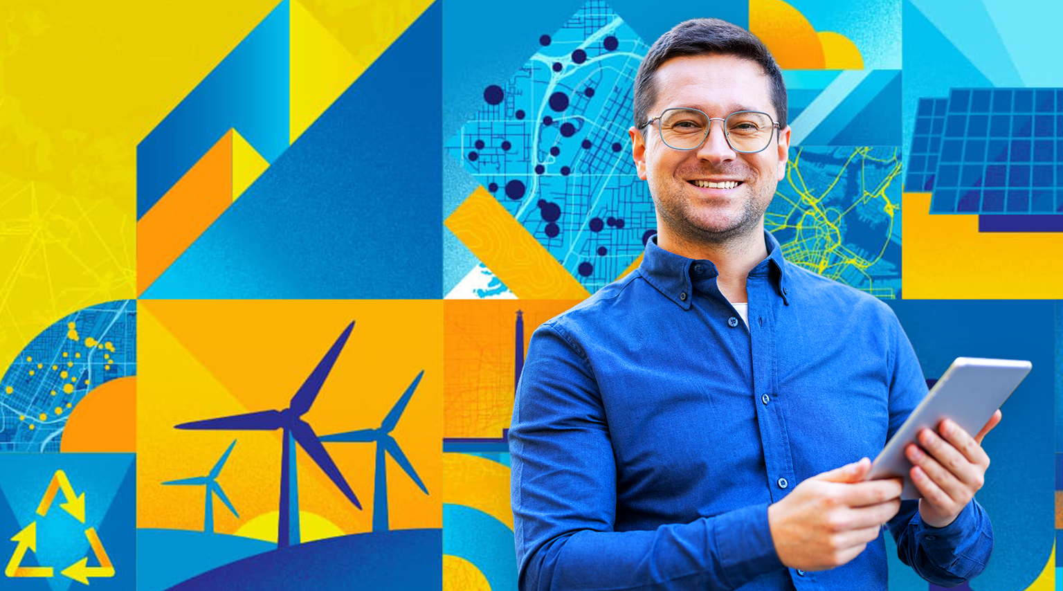 A smiling man wearing glasses and a blue shirt holds a tablet in front of a colorful background featuring wind turbine, map, and solar panel graphics