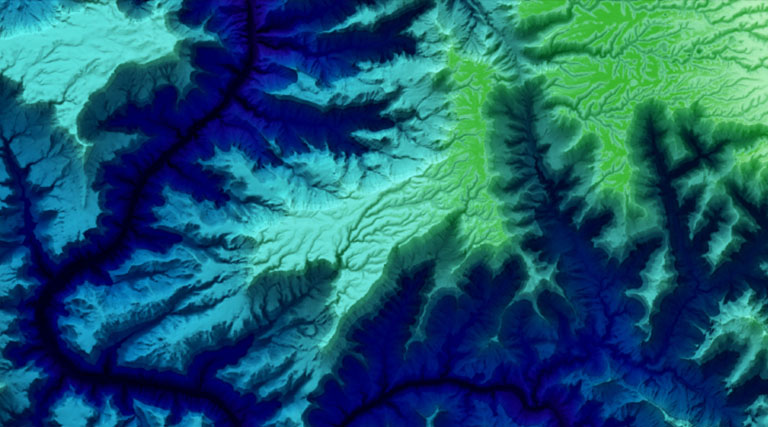 Relief map of land and water in vibrant shades of blue and green